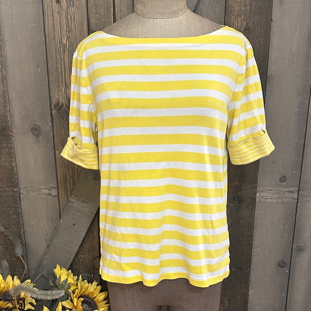 Lauren Ralph Lauren Yellow White Striped Boatneck Cotton Short Sleeve Top Size L